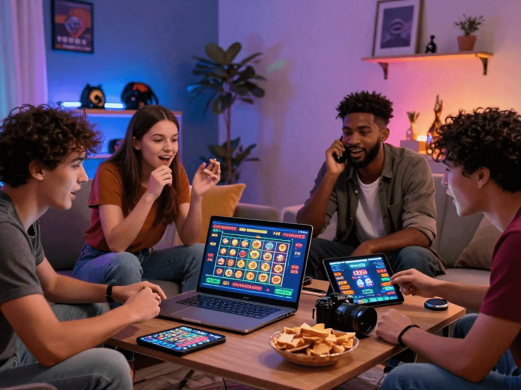 Friends enjoying online gambling together, showcasing gambleonline excitement in a cozy environment.