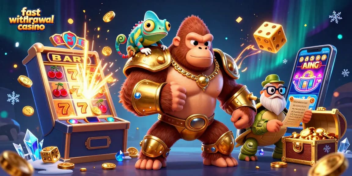 Experience the thrilling action at a fast withdrawal casino, featuring a dynamic gorilla king and colorful gaming elements.