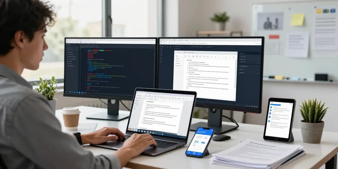WPS Download in a modern workspace with a developer using the software on dual monitors and laptop.