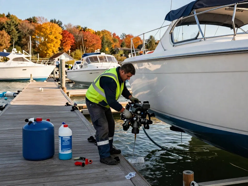 Boat winterization process with technician draining water at marina