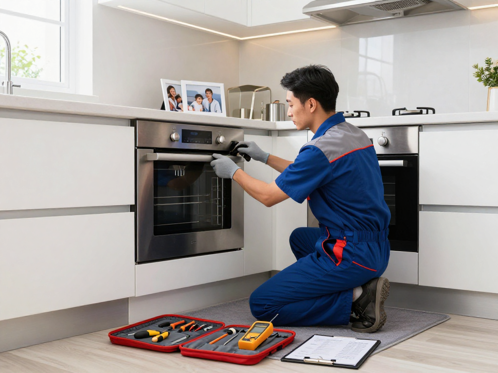 Range Repair Richmond Hill technician fixing a modern kitchen range in a bright, clean environment.