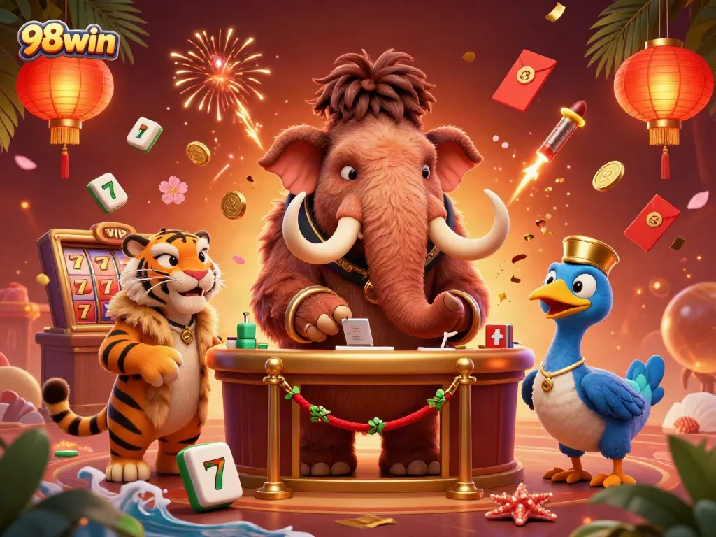 Experience the excitement of 98win's casino world with animated characters and vibrant gambling elements.