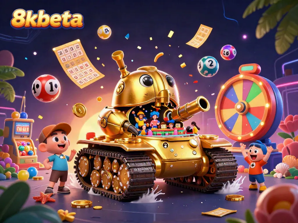Engage with the vibrant scene of 8xbeta featuring a golden beetle tank casino and dynamic lottery elements.