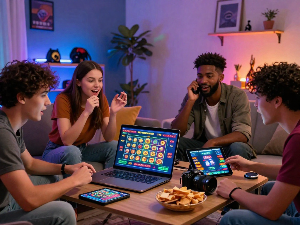 Friends enjoying online gambling together, showcasing gambleonline excitement in a cozy environment.