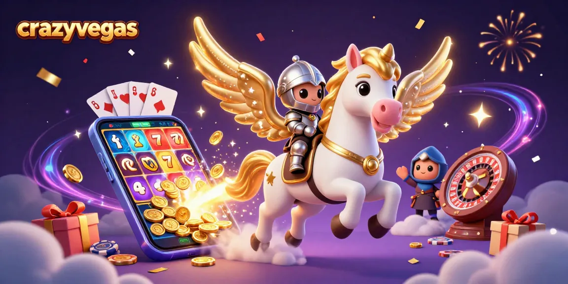 Experience exciting gaming at crazyvegas with a magical horse racing through stardust and casino icons.
