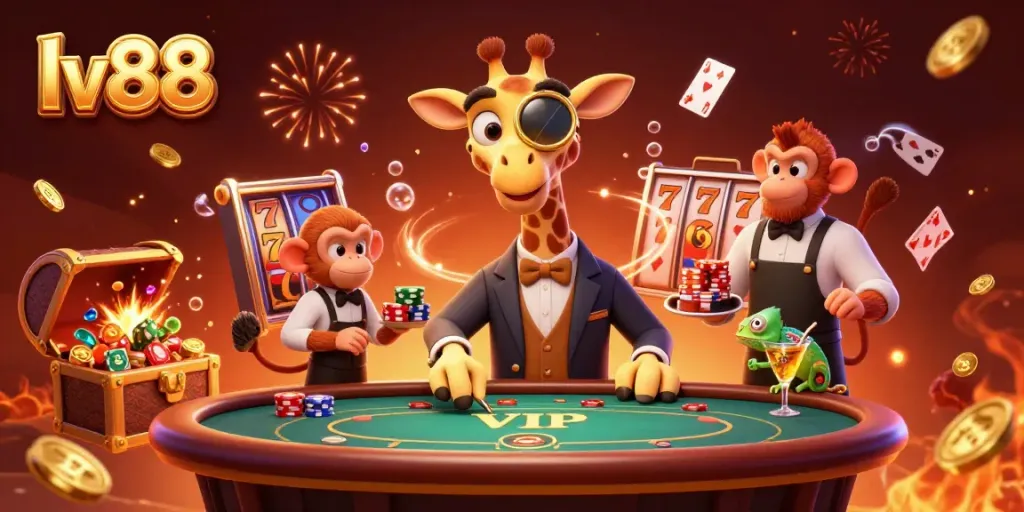 lv88 showcases a vibrant casino world with a high-roller giraffe and monkey valet at a lively poker table.