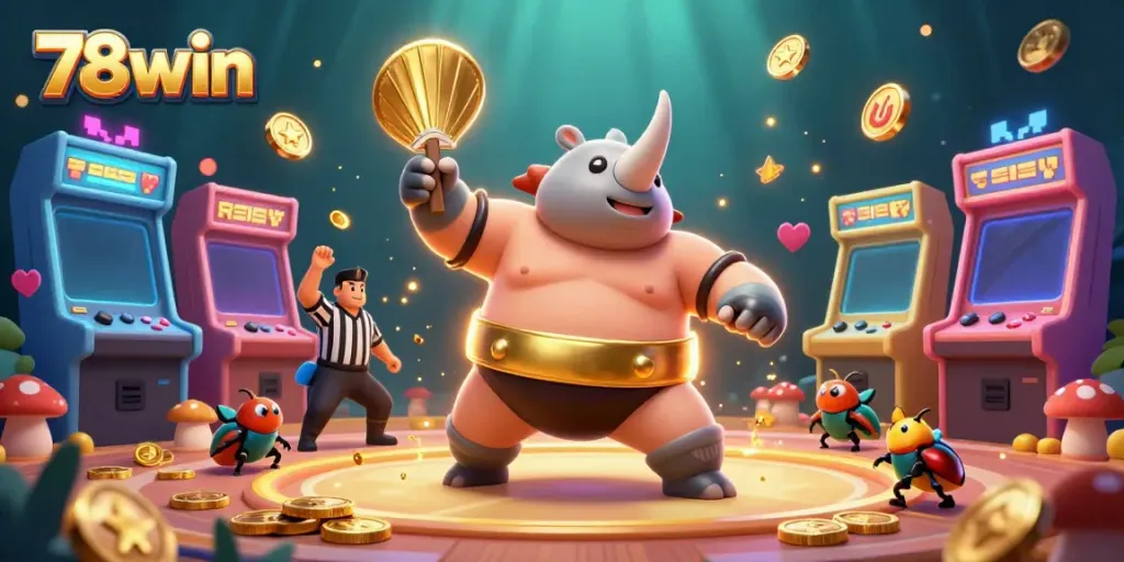 Experience the vibrant world of 78win with a sumo beetle stomping coins and arcade games.