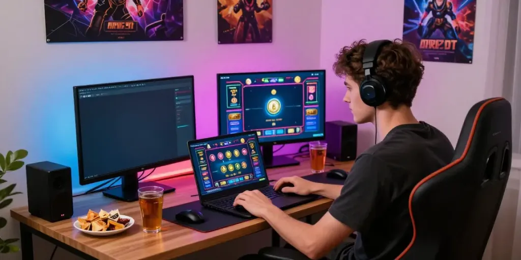 Gaming enthusiast engaging with a crypto casino interface, emphasizing Crypto Casino Canada Fast Withdrawls.