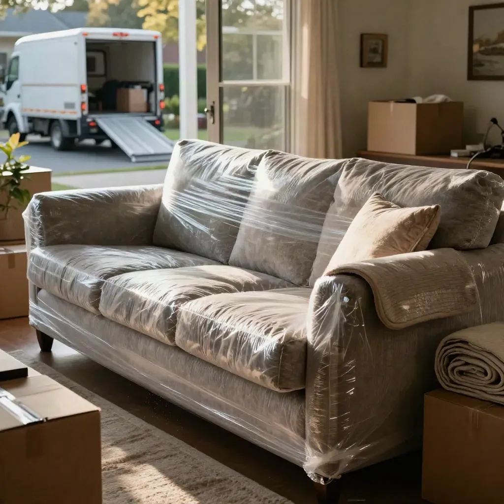 Wrapped sofa, boxes, and rug runners in a moving room with truck ramp outside