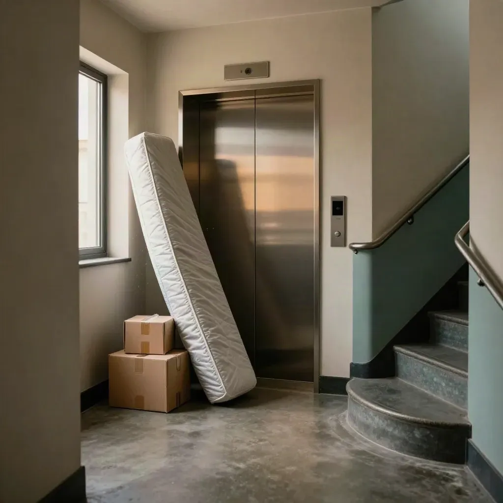 Narrow condo hallway with elevator doors, boxes, mattress sleeve, and a stair-landing guard.