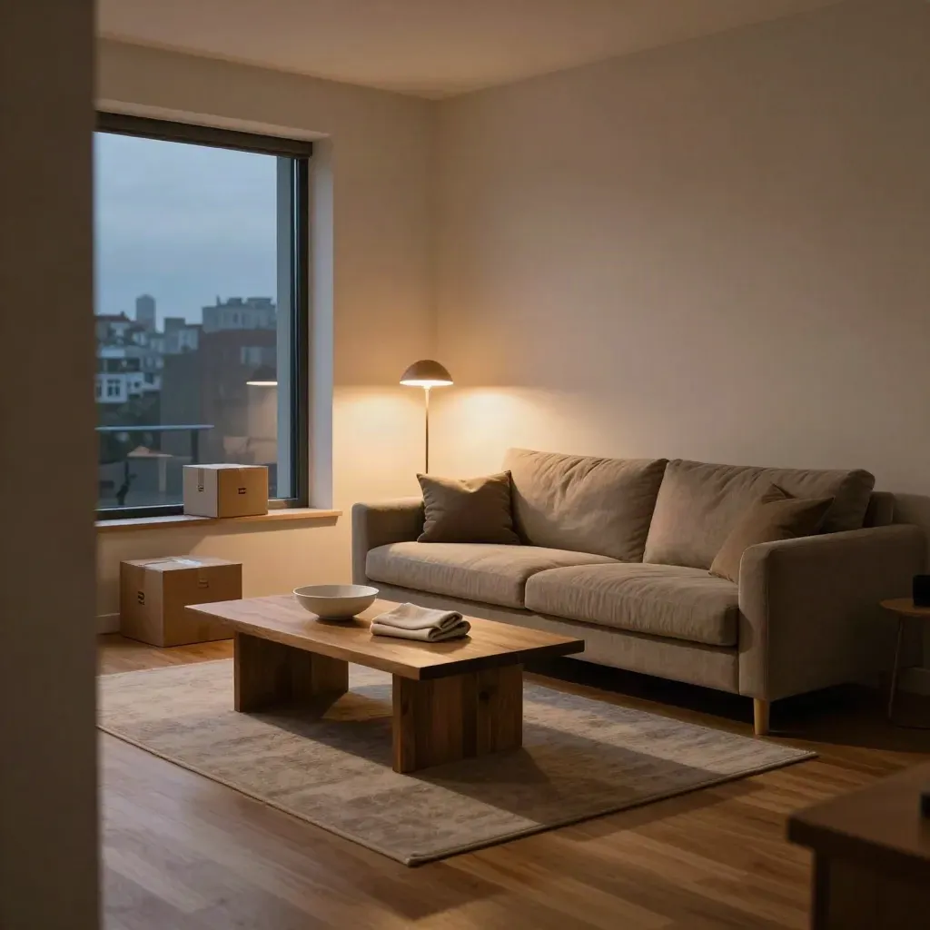 Warm condo living room with sofa, lamp, coffee table and two packed boxes by the wall at dusk.