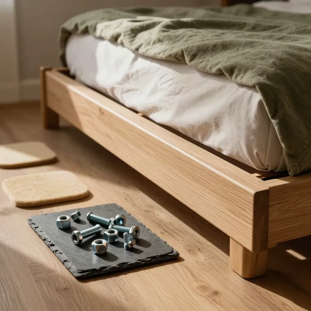 Bed frame sections, bolts, felt pads and wrapped corner on a bright bedroom floor.