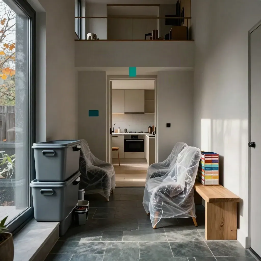 Organized entry hall with storage totes and wrapped dining chairs in moody light