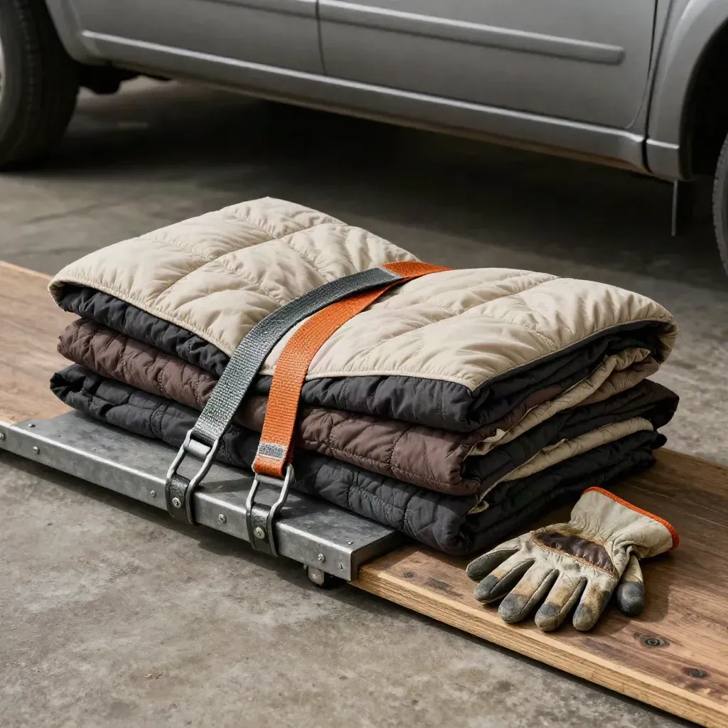 Ratchet strap, moving gloves, blanket and dolly plate on a concrete loading floor.