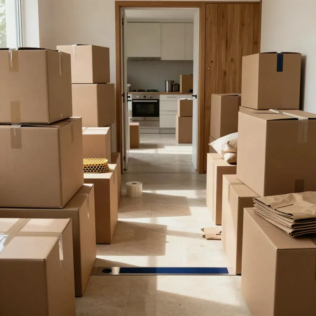 Overhead view of neatly packed apartment boxes leading into a kitchen, ready for unpacking.