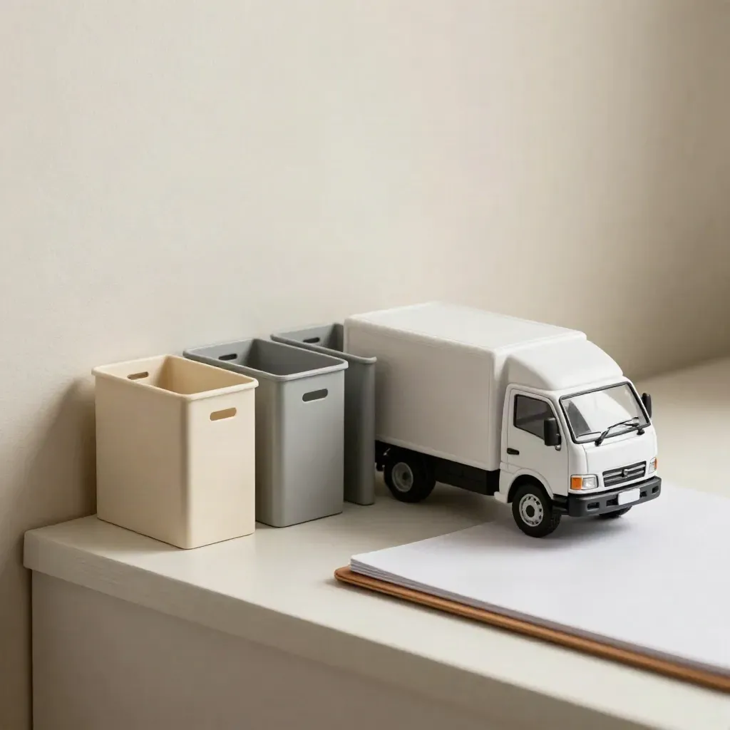 Model moving truck with storage bins and tabs on a plaster ledge, calm process-plan still life.