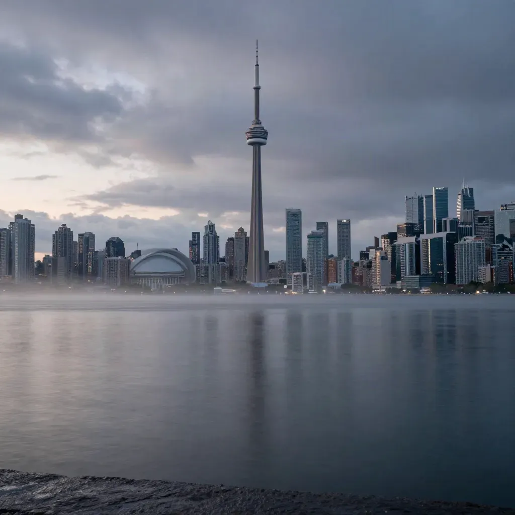 Toronto skyline above Lake Ontario at blue hour with mist and glowing lights