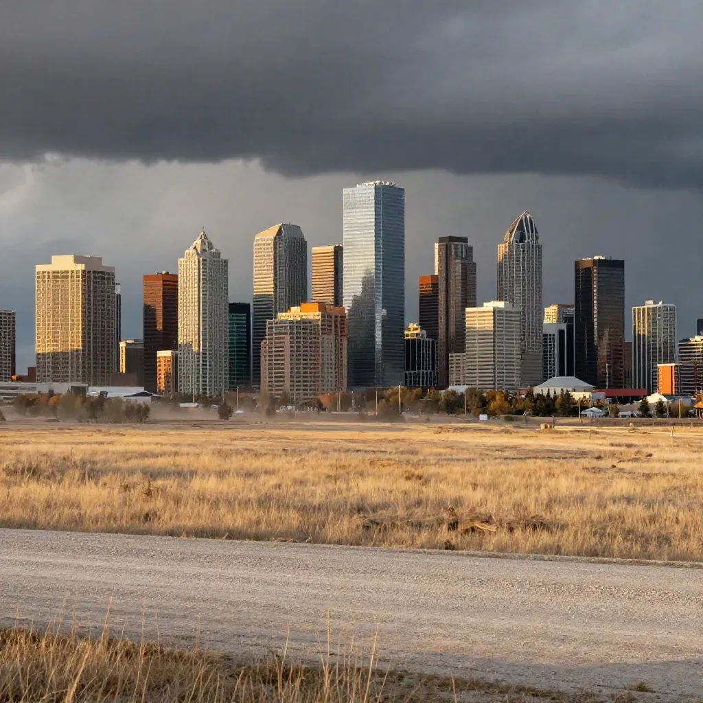 Calgary skyline over open prairie at golden hour after rain, with storm haze and sun breaking through.