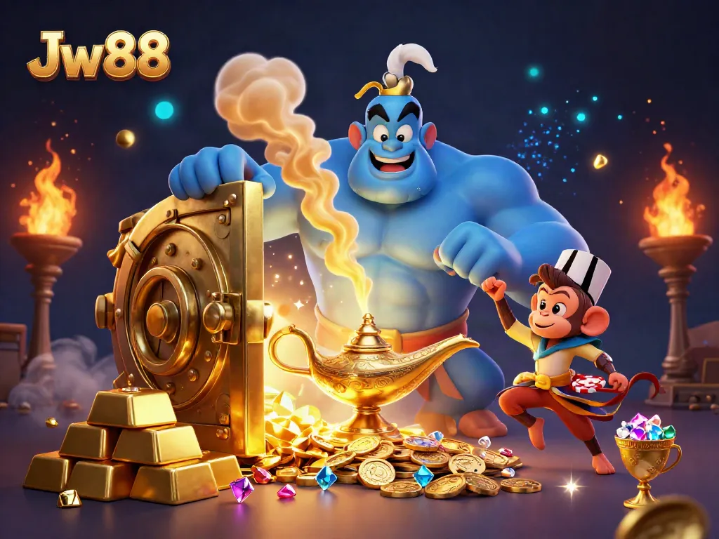 Engage with thrilling Jw 88 gaming action featuring a blue genie and treasures in a dazzling casino scene.