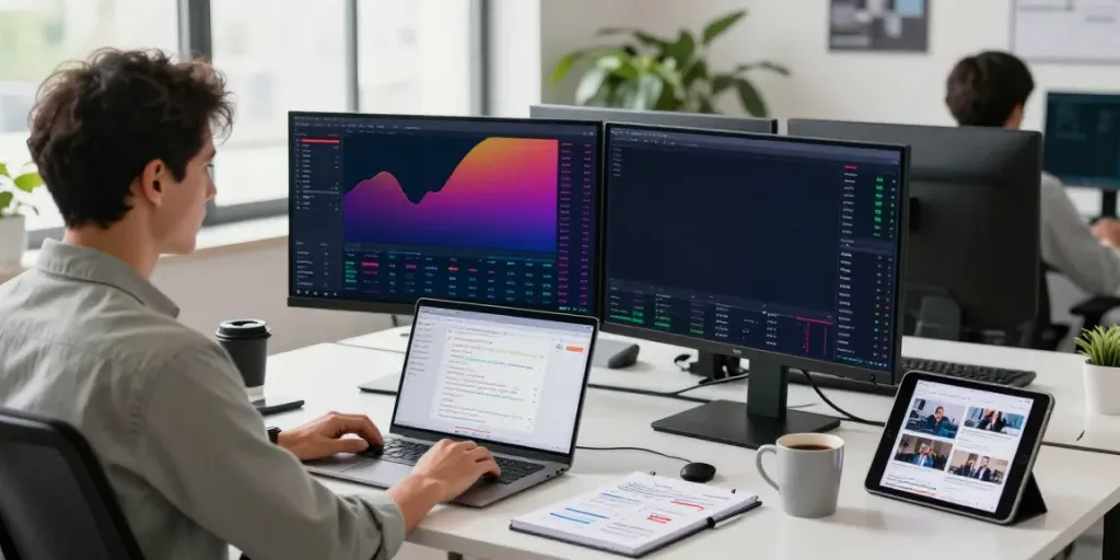 Trader using nordencore.ca in a modern workspace with dual monitors and vibrant trading charts.