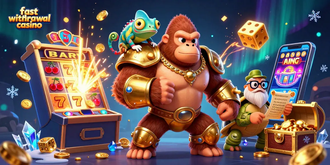 Experience the thrilling action at a fast withdrawal casino, featuring a dynamic gorilla king and colorful gaming elements.