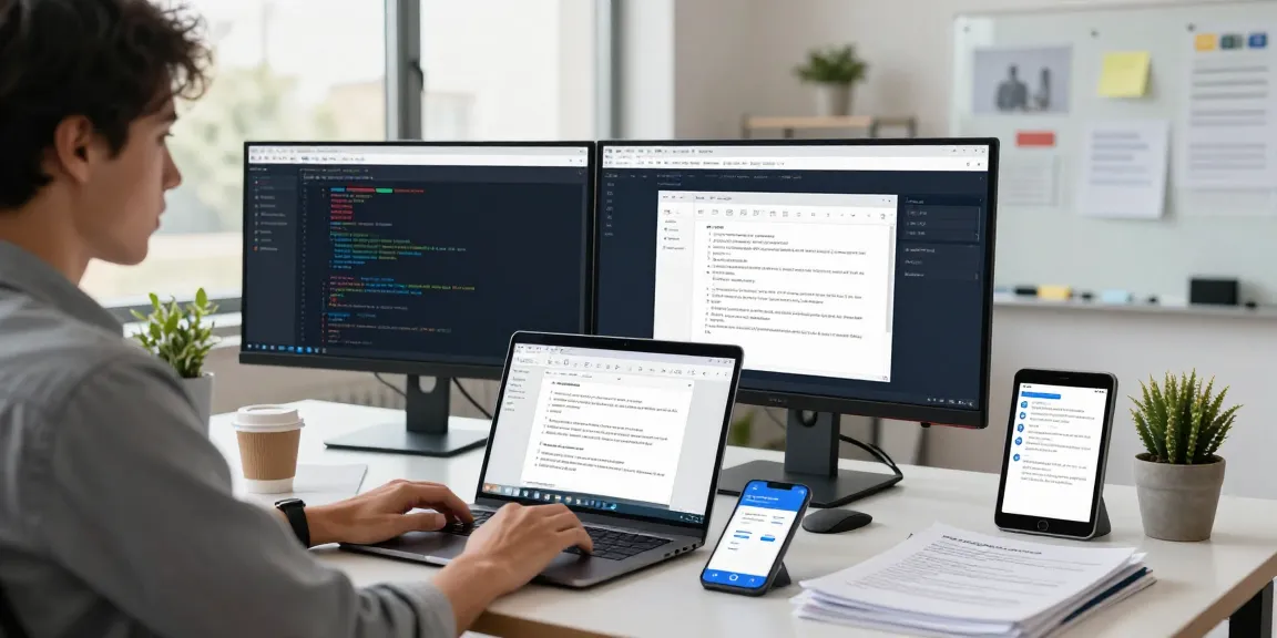 WPS Download in a modern workspace with a developer using the software on dual monitors and laptop.