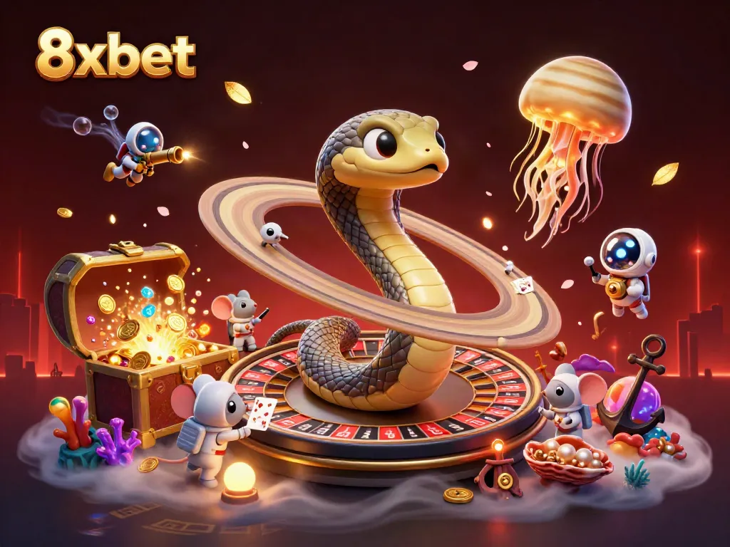 Experience thrilling cosmic betting with 8xbet through playful astronaut mice and a roulette wheel snake.