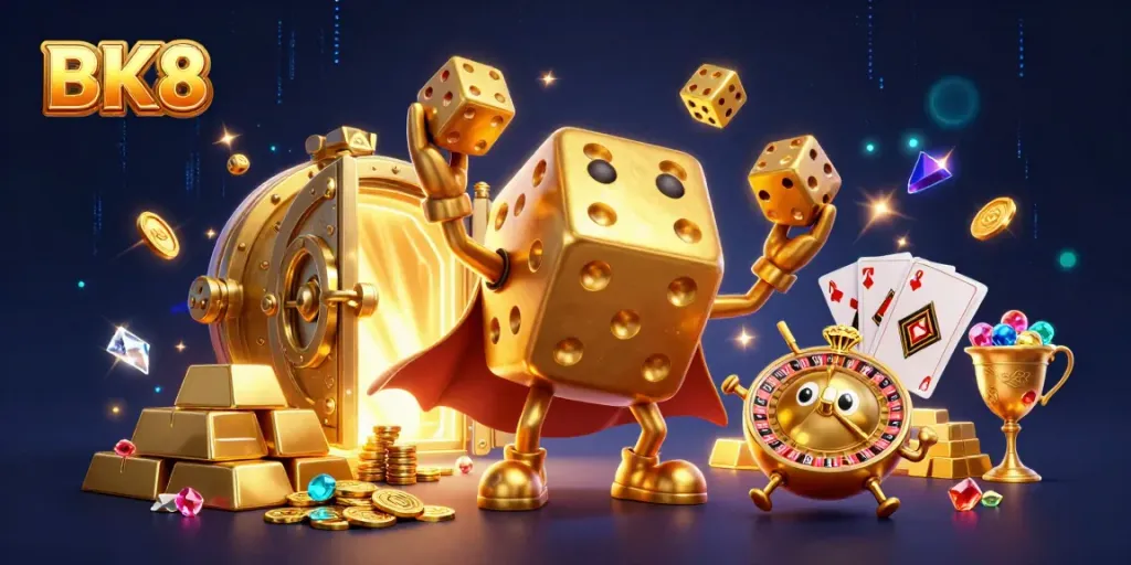 Engage with the thrilling BK8 casino experience featuring iconic golden dice, jewels, and vibrant casino elements.