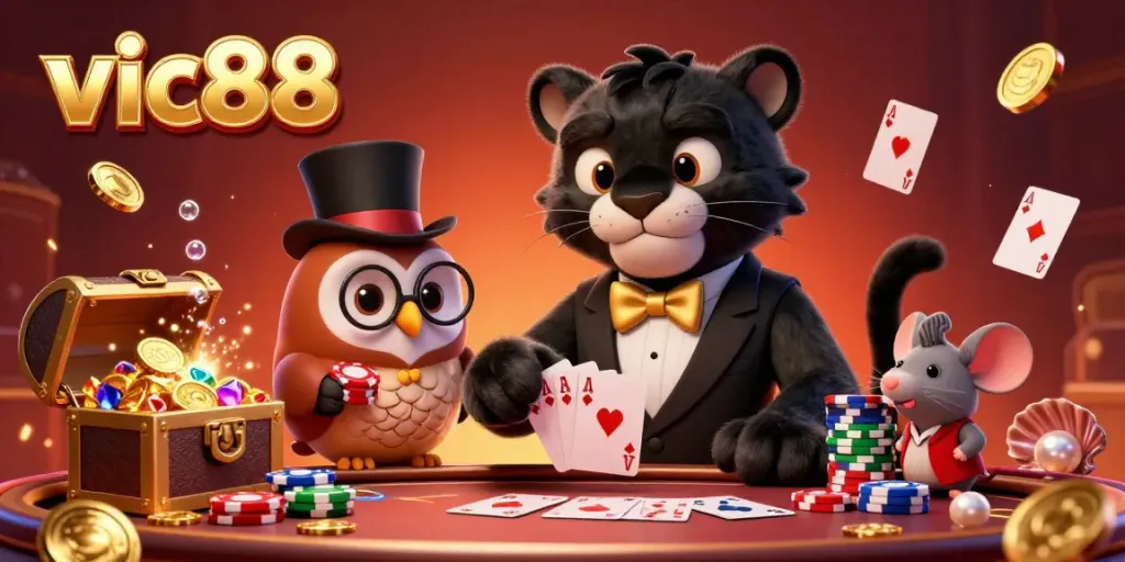 Join the action at vic88 with stylish characters dealing cards in an exciting casino scene.