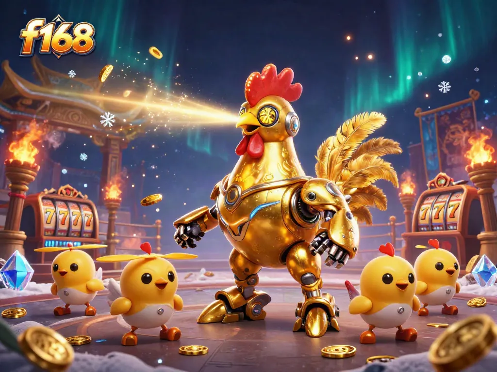 Engage in thrilling game action with f168's retro-futuristic robot and chick drone crew.