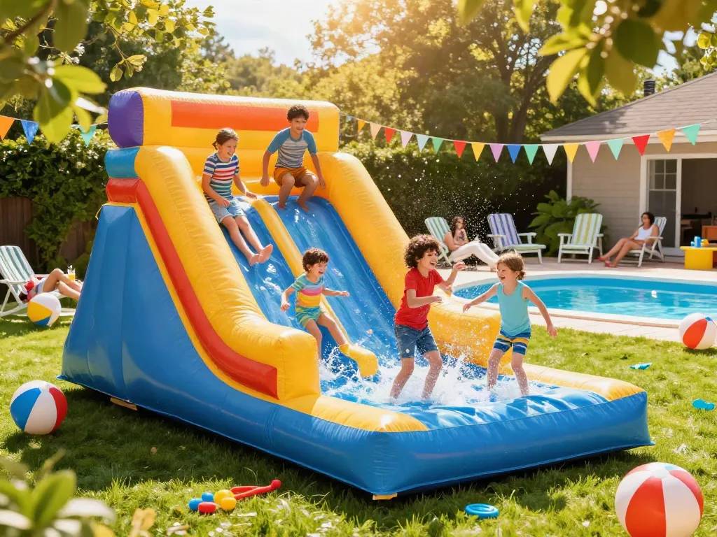 Children joyfully playing on an inflatable water slide in a vibrant backyard.