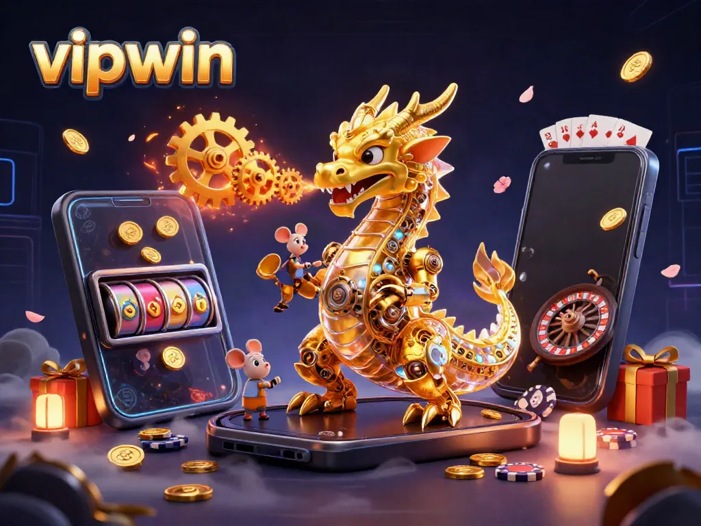 Experience thrilling gameplay at vipwin with a captivating 3D illustration of a golden dragon breathing gears and cogs in a casino setting.