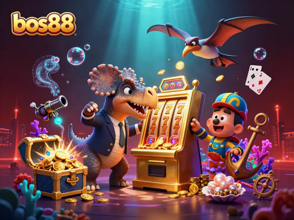 Experience the thrill of bos88 with a dinosaur-themed jackpot scene featuring vibrant slot machine action.