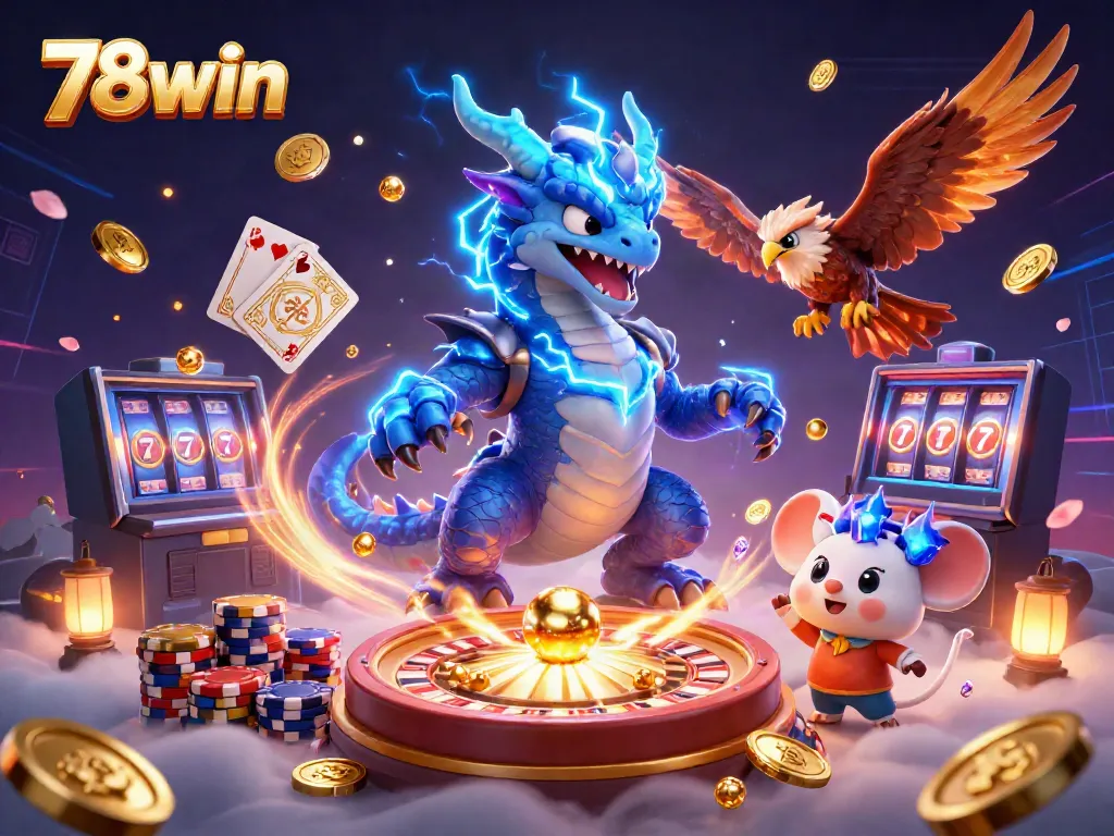 Experience the thrill of 78win with dynamic action from a dragon, hawk, and mouse amidst sparkling gems.