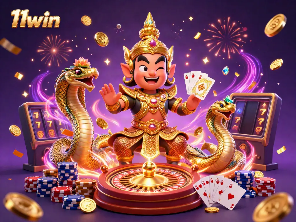 Experience thrilling 11win casino action with golden guardians, coins, and lively roulette.