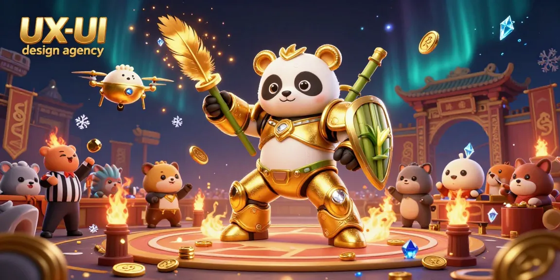 Vibrant casino scene showcasing a UX/UI design agency showcasing its creativity with a golden panda in mech-suit.