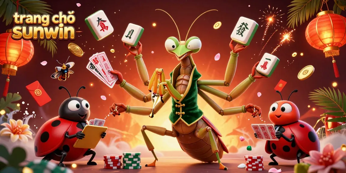 A vibrant scene at trang chủ sunwin with a mantis card sharp dealing cards and chips amidst golden elements, perfect for casino lovers.